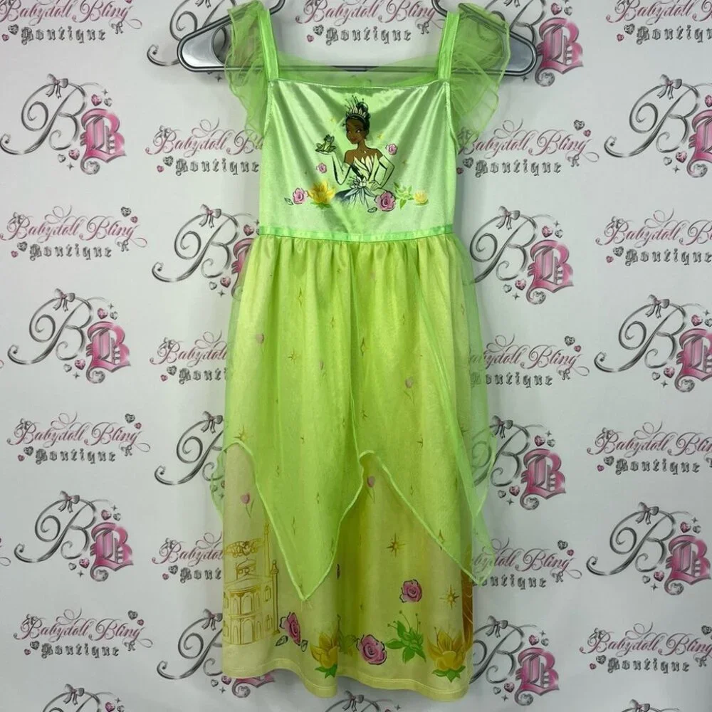 Disney dress costume frog floral ruffle Princess Lime Green Dress Halloween